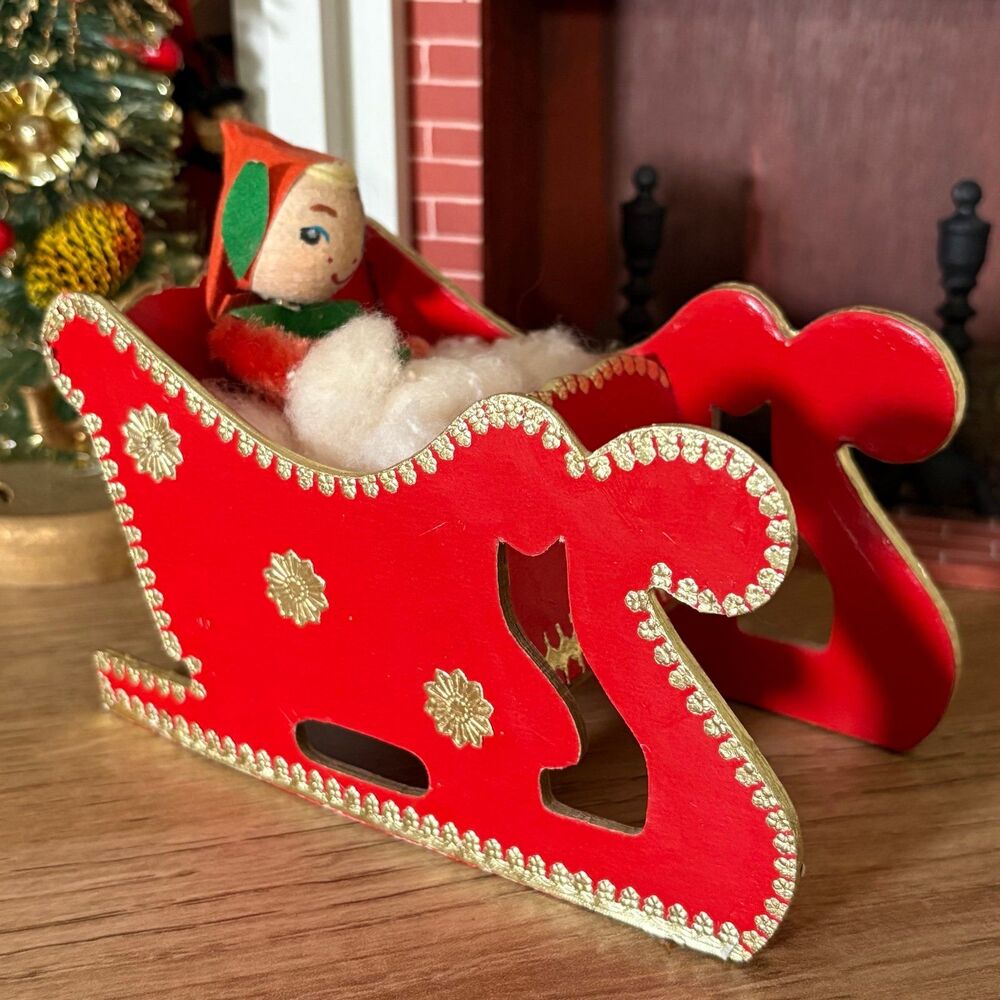Vintage Christmas Sleigh Red Cardboard with Pixie Elf Spun Cotton Japan